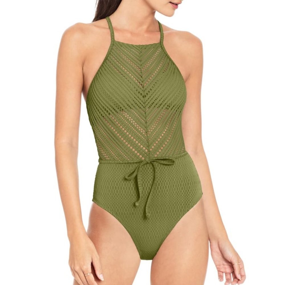 ROBIN PICCONE Mixed Crochet High Neck Swimsuit